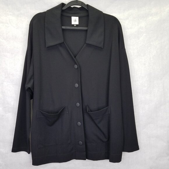 Cabi Elemental Topper Shacket Women's L Black Snap Up Stretch Knit Pockets 6253 - Picture 1 of 14